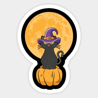 Halloween Black Cat On Pumpkin Full Moon Sticker